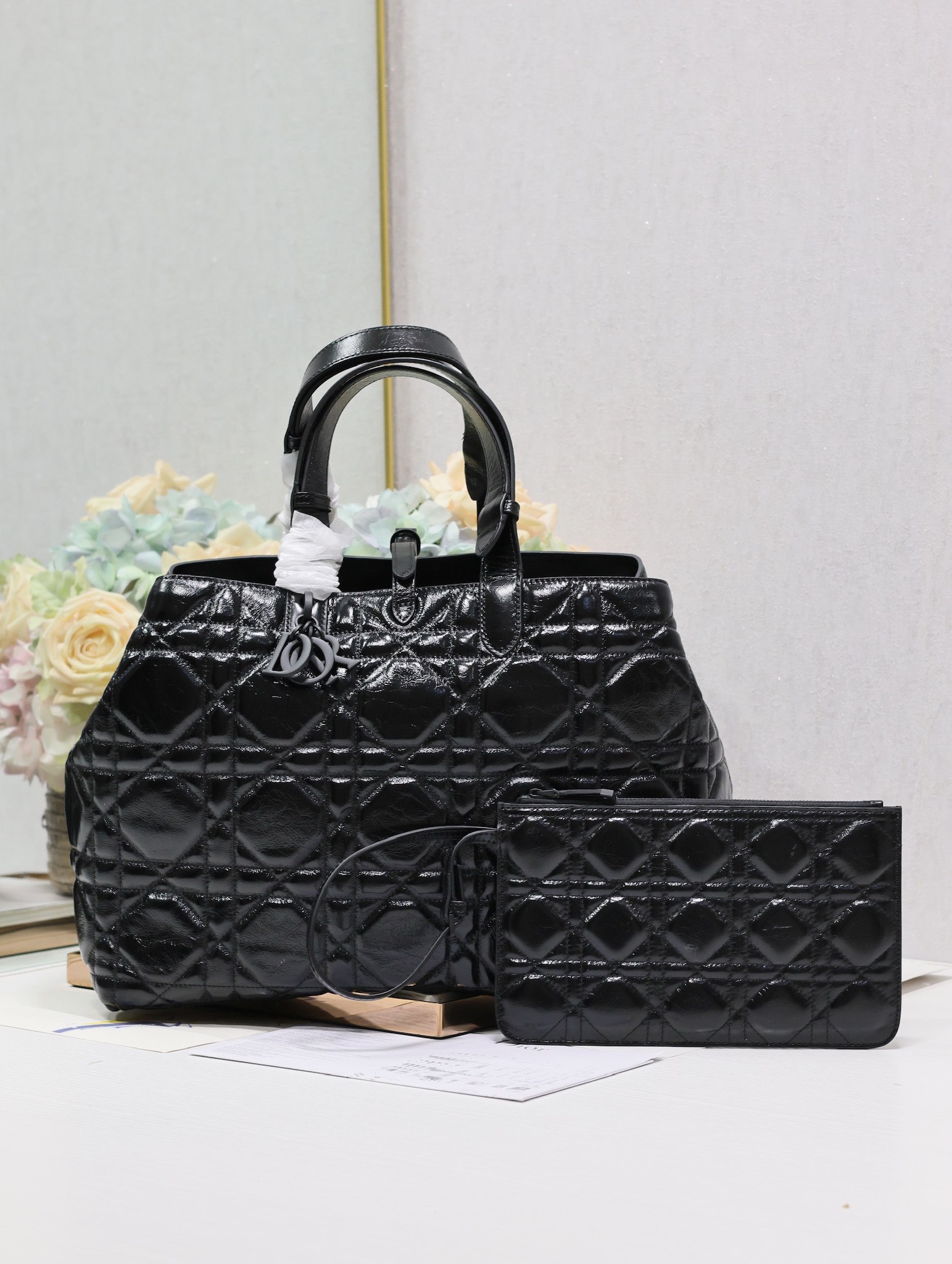 Large Dior Toujours Bag Black Macrocannage Crinkled Calfskin